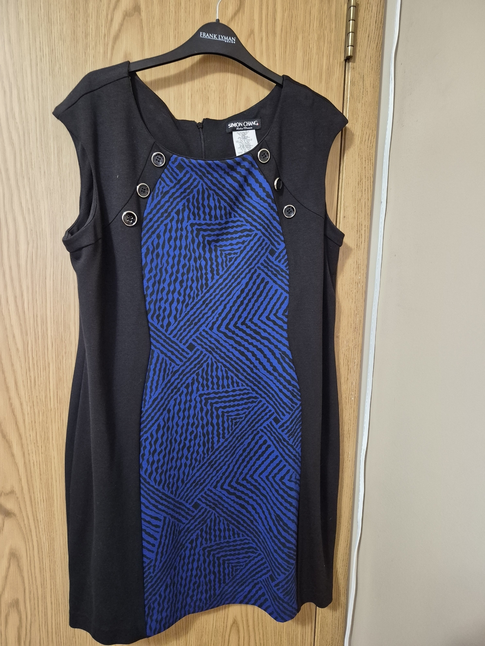 Simon Chang Black Dress with Blue Geometric Paneled Front